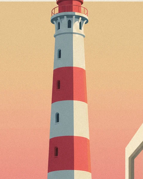 The red and white striped lighthouse rising into an orange and pink sky