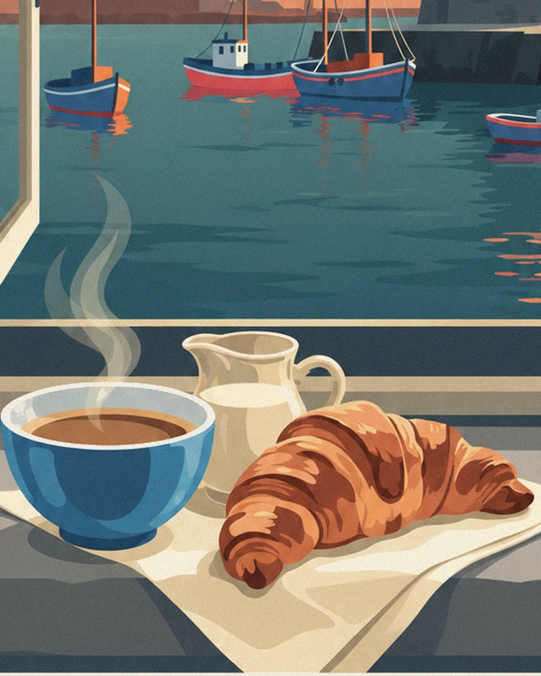 The blue bowl of steaming coffee, milk jug and golden croissant on the window ledge overlooking the harbour
