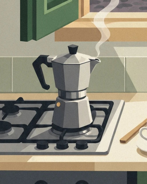 La cafetière moka en alu sur le gaz, un filet de vapeur et la fenêtre aux volets verts