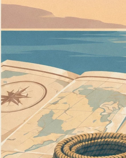 La rose des vents sur la carte marine dépliée, face à la mer et à un cordage enroulé