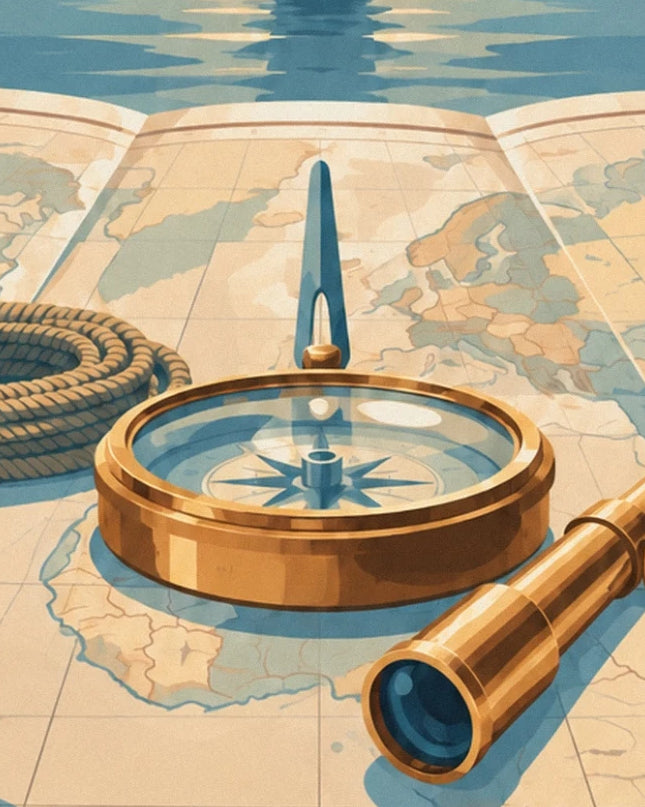 Le compas en laiton posé sur la carte marine, avec sa corde enroulée et sa longue-vue