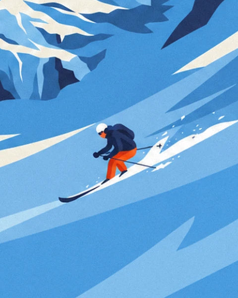Le skieur en casque blanc et pantalon orange qui dévale la pente, poudreuse dans son sillage