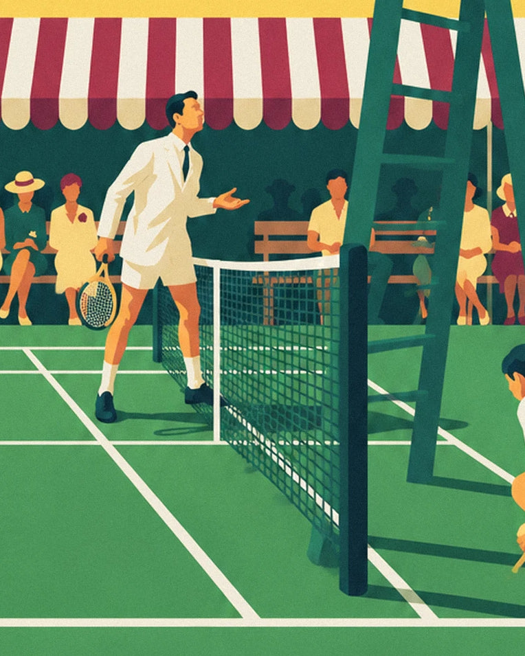 Affiche arbitre de chaise au bord du court de tennis en gazon : détail en gros plan