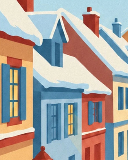 Les façades jaunes, bleues et rouges aux volets bleus sous les toits chargés de neige