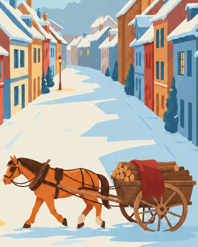 Le cheval et sa charrette chargée de bûches dans la rue enneigée aux maisons colorées
