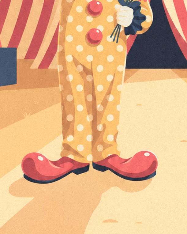 The clown's large red shoes and spotted trousers on the golden sand