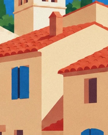 Les maisons aux façades crème, volets bleus et toits de tuiles rouges du village