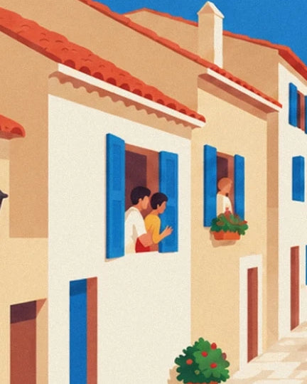 Les habitants aux fenêtres à volets bleus, au-dessus des fleurs rouges du village