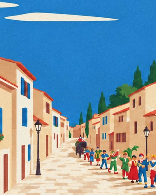 La parade colorée dans la rue du village, entre les maisons et les réverbères noirs