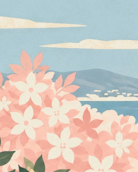 The clusters of white and pink blossom in front of the blue sea, hills and small cream clouds
