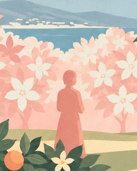The pink figure facing the sea, between flowering orange trees and a ripe orange