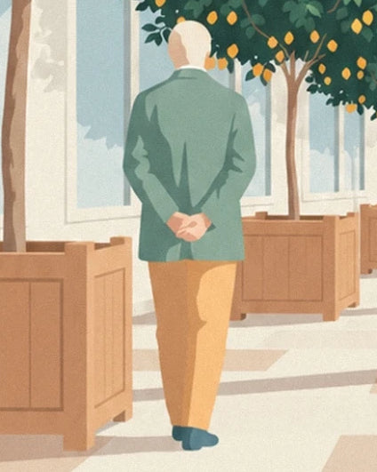 A man seen from behind in a green jacket and ochre trousers, with his hands behind his back