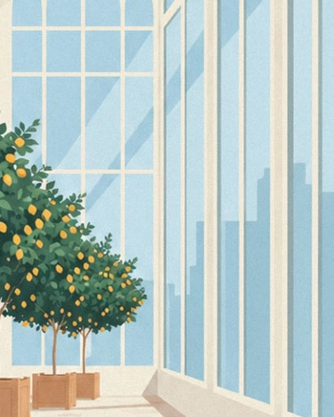 Lemon trees in wooden crates along the tall blue-tinted glass windows
