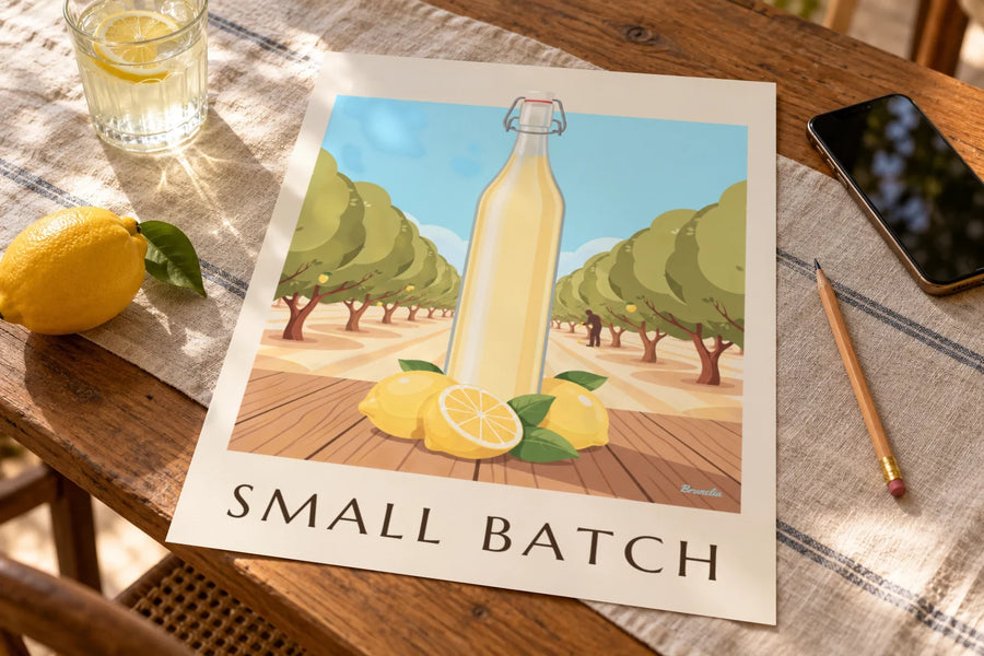 Plakát láhev domácí citronády a citrony: postavený na stole