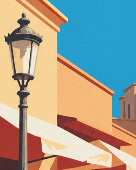 The wrought iron street lamp in front of the ochre façades and the market's red and white awnings