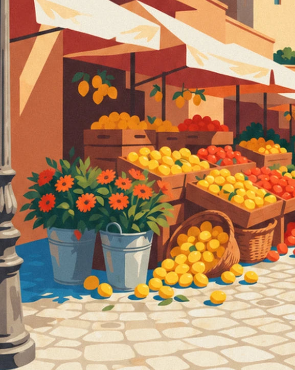 The crates of lemons and oranges, buckets of red flowers and overturned basket on the cobblestones