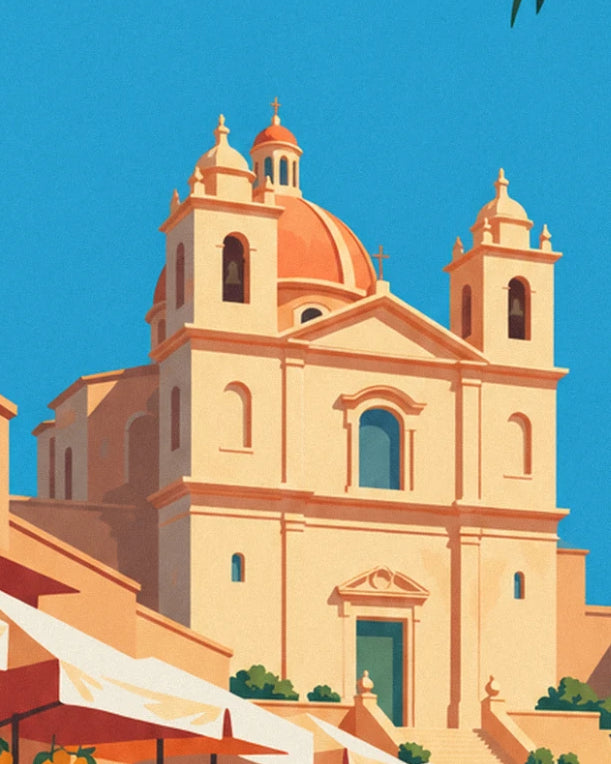 The baroque church with 2 bell towers and an orange dome beneath a bright blue sky