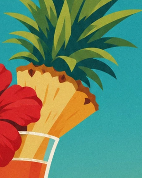 A golden pineapple wedge with green leaves beside red hibiscus flowers
