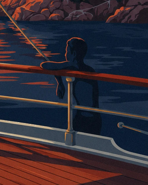 The figure leaning on the sailing boat's rail, facing the midnight-blue water