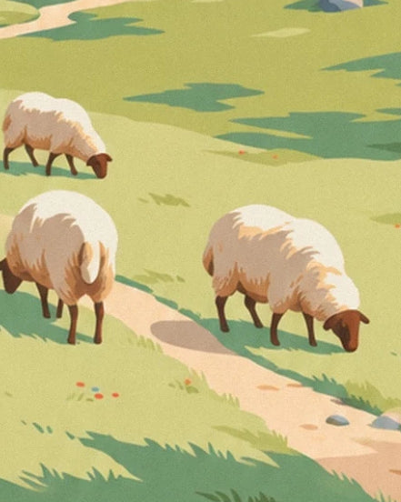 Sheep with cream wool beside a path in the green meadow