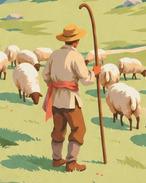 The shepherd in a straw hat with his long crook and sheep in the grass