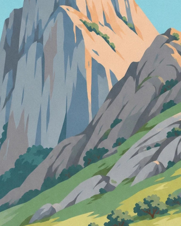 The grey and ochre rock faces of the Corsican mountains edged with bushes