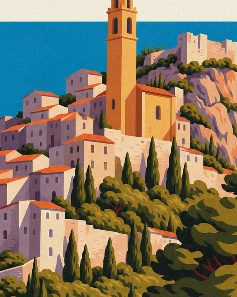 Affiche village perché d'Èze au-dessus de la Méditerranée : détail en gros plan