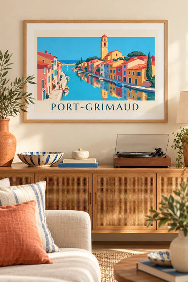 Affiche canaux et maisons colorées de Port-Grimaud : encadrée au mur