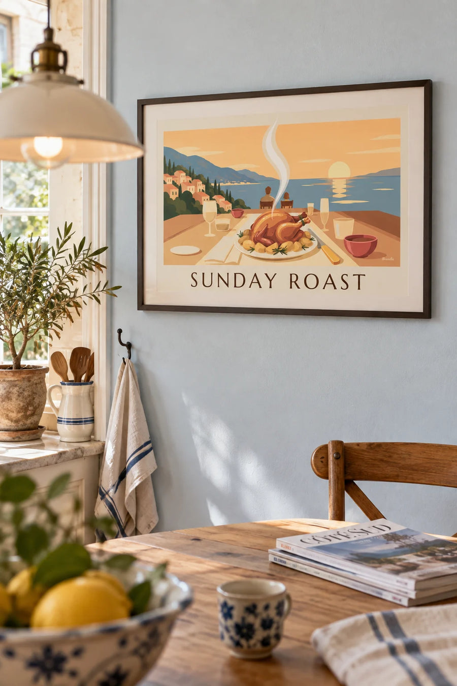 Poster of Sunday roast chicken and rosemary potatoes: framed on the wall