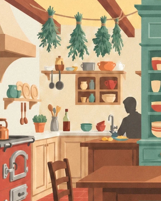 The bunches of herbs hanging above the red cooker and kitchen sink