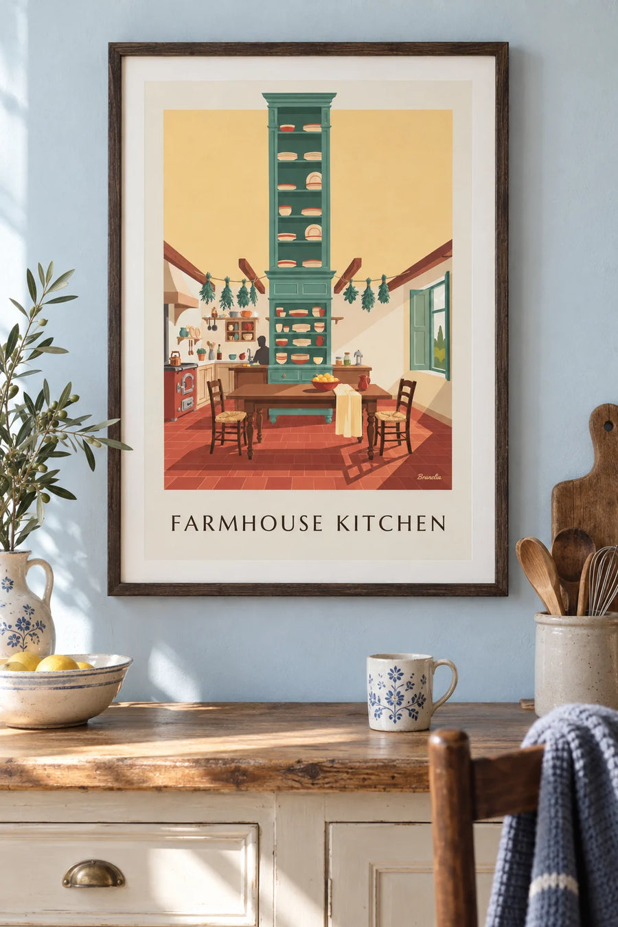 Poster of a country kitchen and its big farmhouse table: framed on the wall