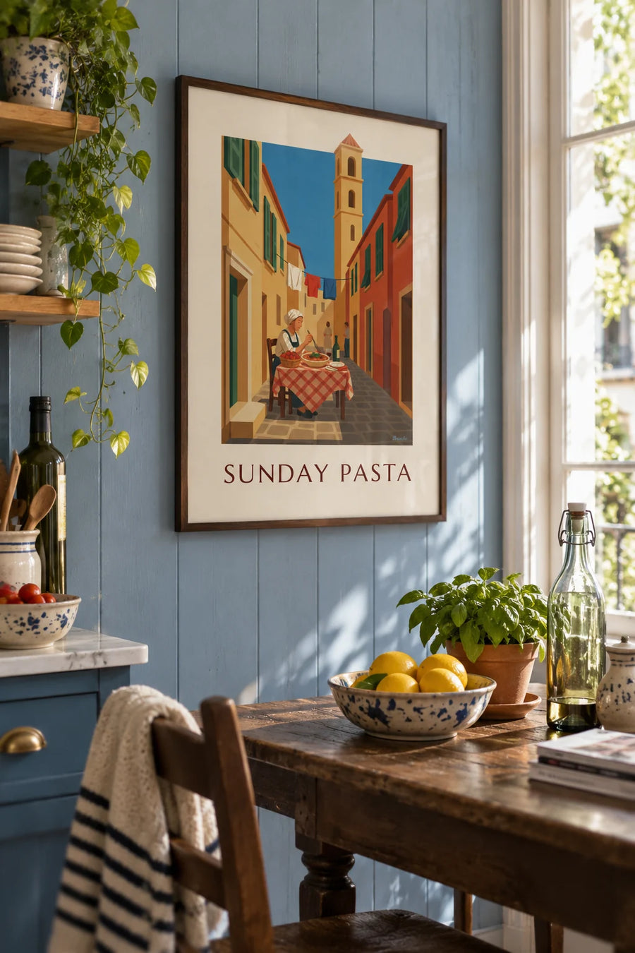 Poster of spaghetti with basil served in an Italian alley: framed on the wall
