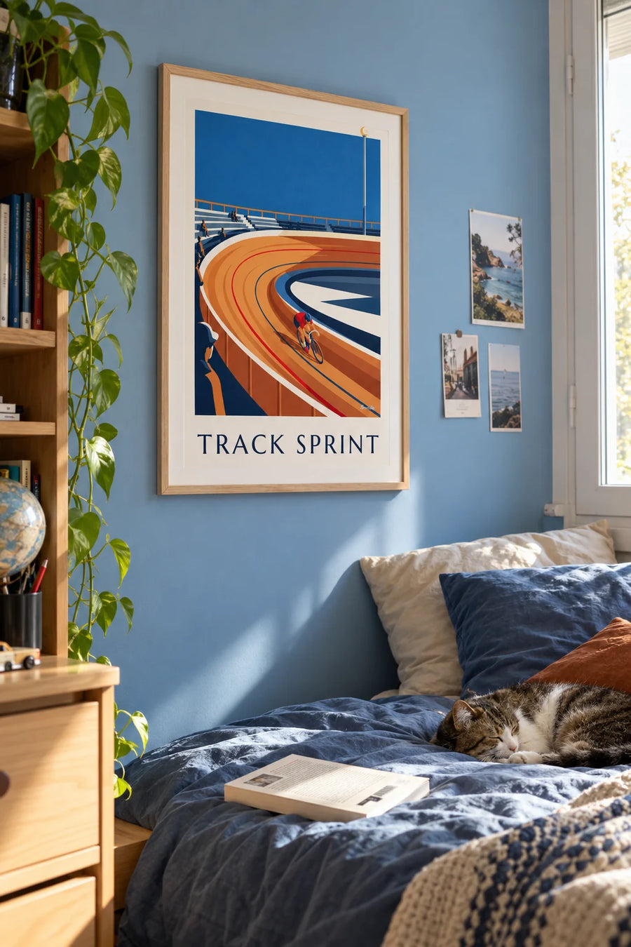 Poster of a cyclist on the track of a wooden velodrome: framed on the wall