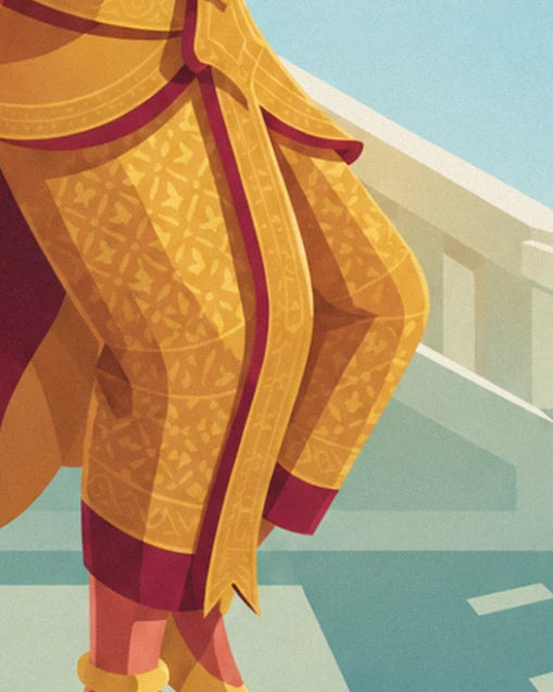 The trousers with delicate gold embroidery and burgundy trim, in front of the white staircase
