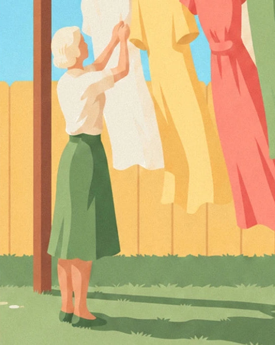 A woman in a green skirt hanging out white laundry beside yellow and pink clothes