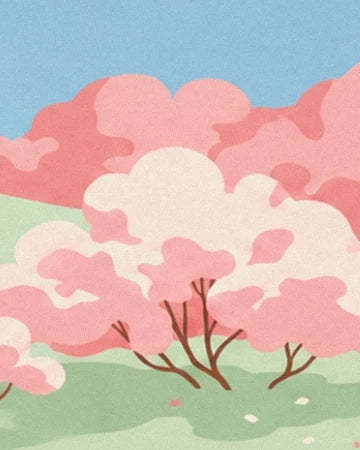 The cherry trees with pink and cream blossom, their brown branches above the green grass