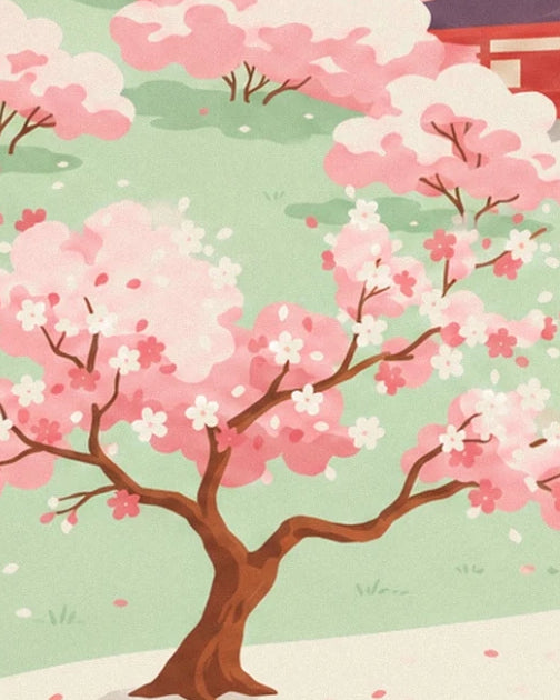 The cherry tree with its gnarled trunk and pink and white blossom, near the path
