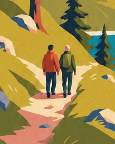 The two hikers in red and green jackets on the path lined with fir trees