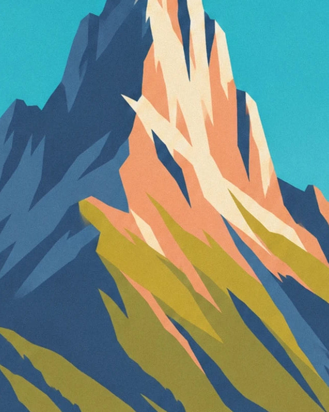 The steep mountain faces, with blue shadows and orange rock