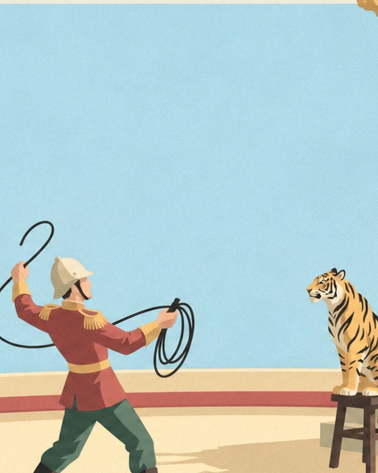 Lion tamer with lion and tiger in the circus ring poster: close-up detail