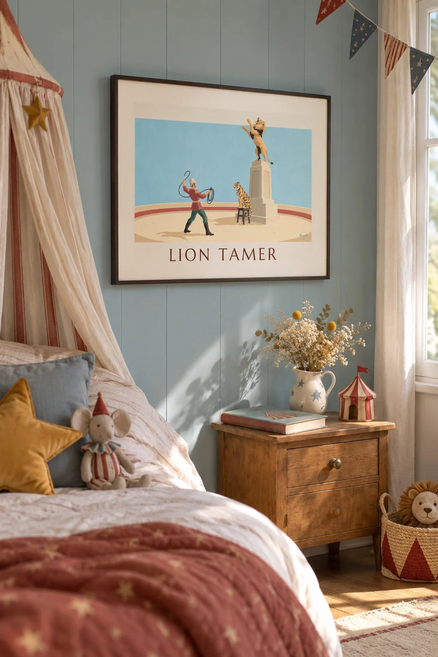 Poster of a lion and tiger tamer in the circus ring: framed on the wall
