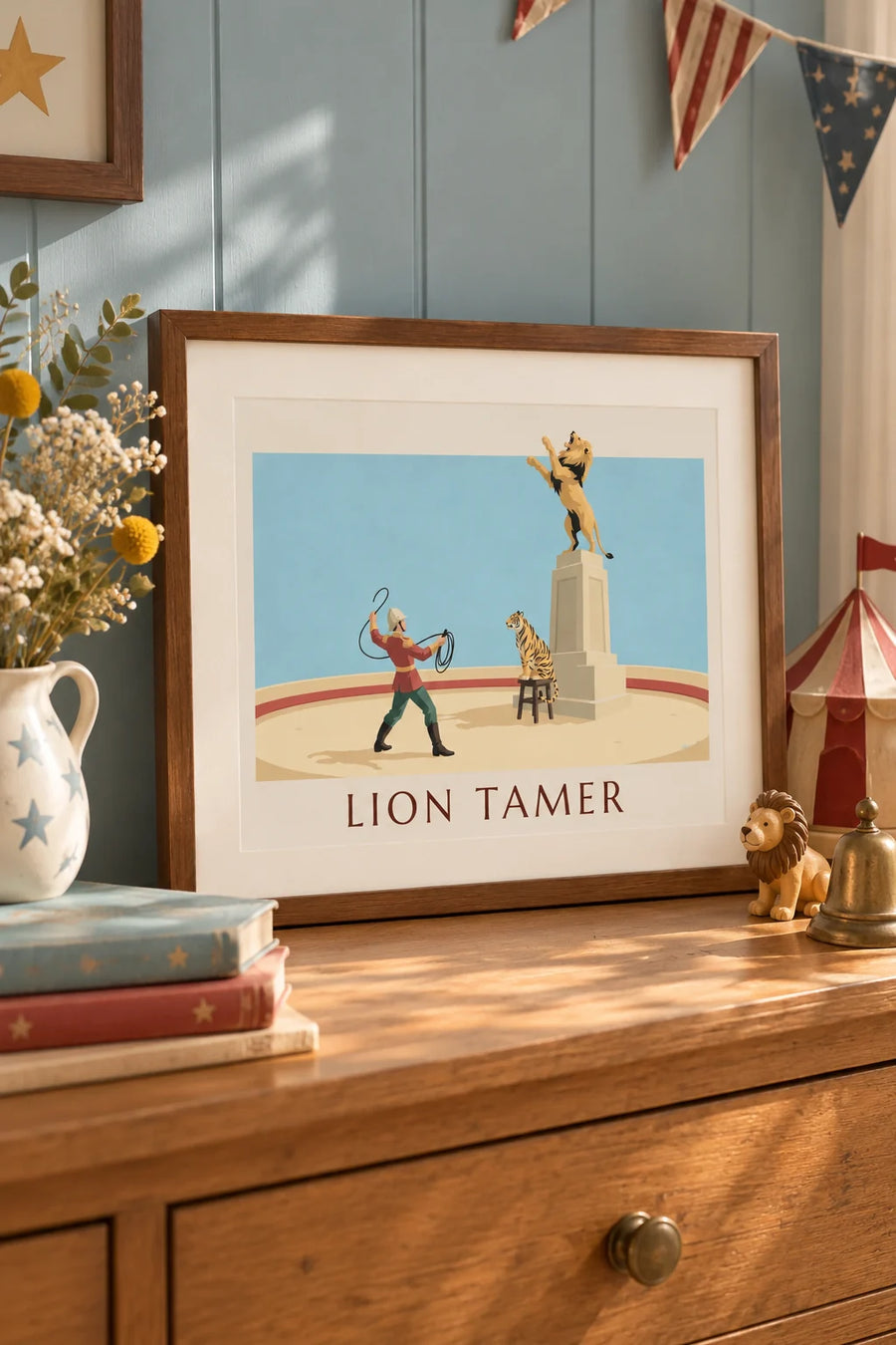 Poster of a lion tamer with a lion and a tiger in the circus ring: small framed A4 size