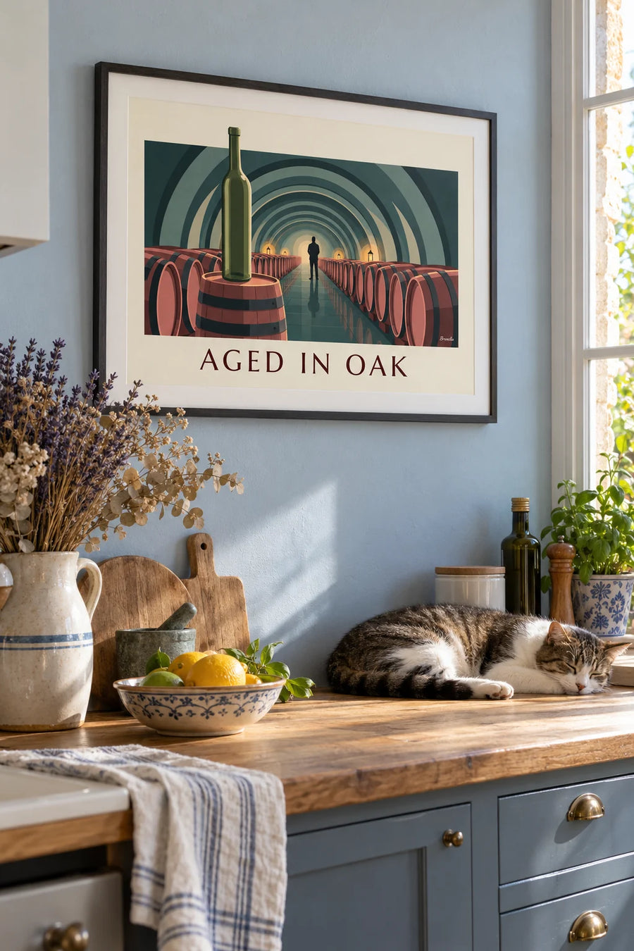 Poster of a vaulted wine cellar, oak barrels and a bottle of wine: framed on the wall