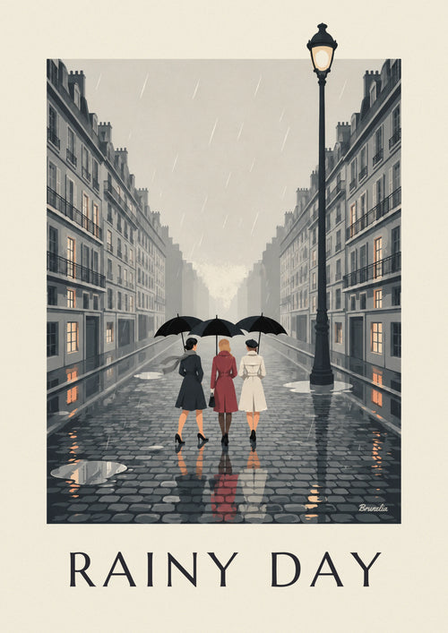 Poster of 3 women in the rain with black umbrellas: the full poster