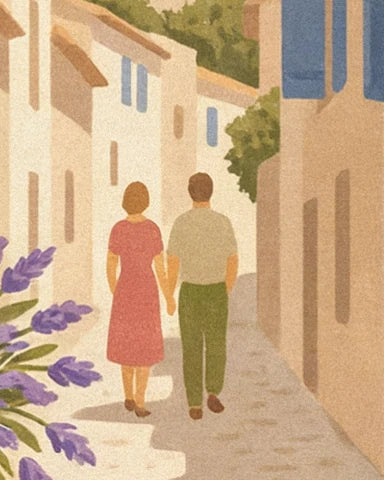 The couple holding hands, in a pink dress and green trousers, in the sunlit lane
