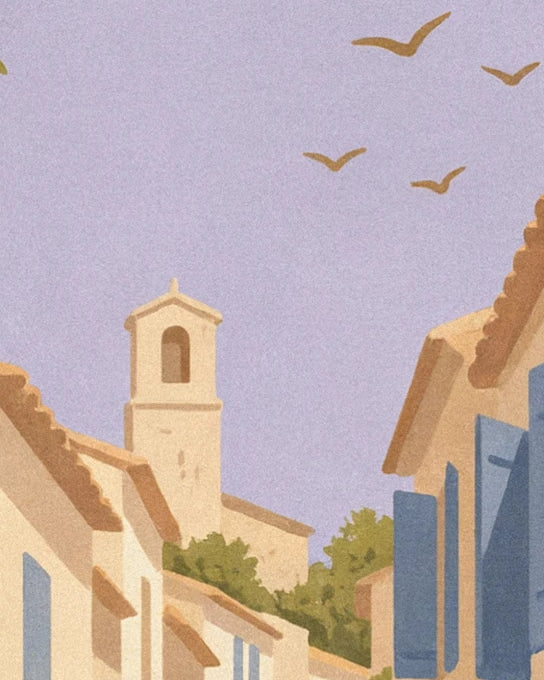 The small bell tower and tiled roofs beneath a lavender sky, with 4 birds