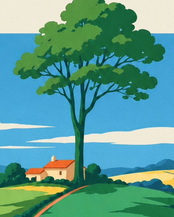 The large tree with green foliage in front of a cream house with orange roofs
