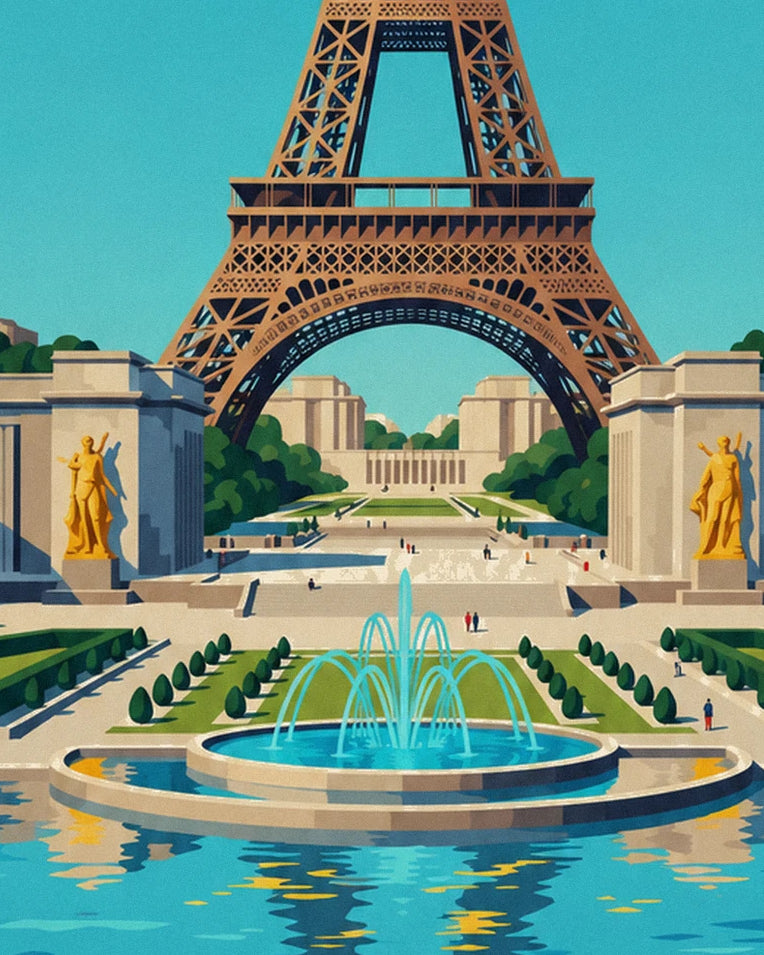Paris Chaillot Palace and Trocadéro fountains poster: close-up detail