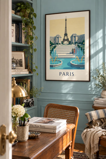 Poster of the Palais de Chaillot and the Trocadéro fountains in Paris: framed on the wall