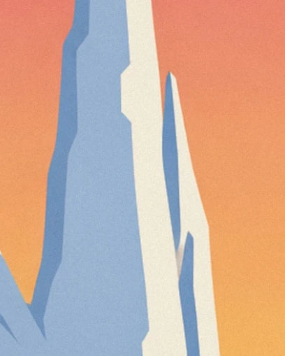 The pale cliff faces of Étretat with blue shadows against an orange background